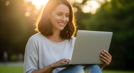 Happy young woman sitting on the grass in a park, smiling as she works or browses on her laptop during a beautiful sunny day