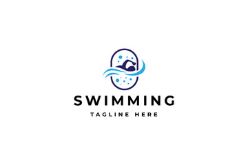 swimming sport logo with freestyle in frame and bubbles in flat vector design style