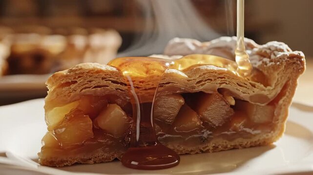 Closeup apple pie slice with golden syrup drizzle.