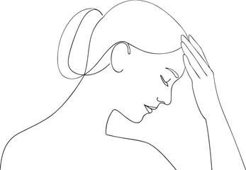 Woman with hand on forehead in profile line art vector