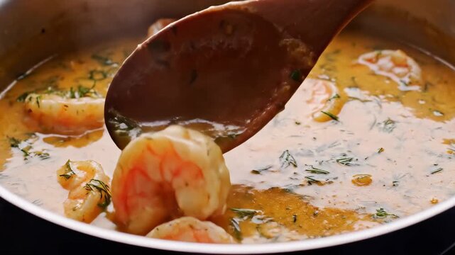Closeup stirring shrimp in creamy herb sauce.