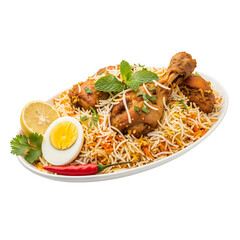 Delicious chicken biryani served with boiled egg, lemon slice, chili, and fresh mint garnish a delightful Indian culinary experience