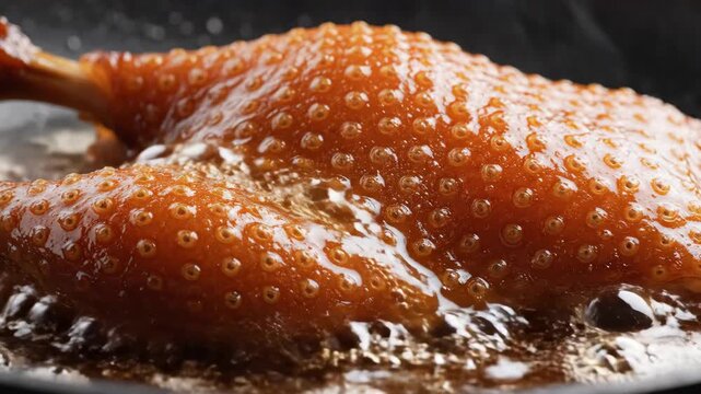 Macro sizzling poultry leg skin frying in hot oil closeup.