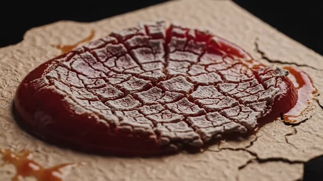 Macro timelapse of red sauce drying into cracked texture on paper.