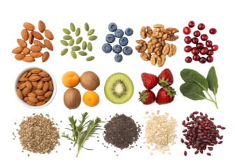 A vibrant assortment of healthy foods including nuts berries seeds and fruits isolated on transparent background