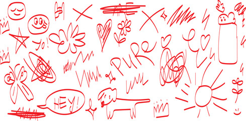 Abstract red doodles and scribbles on a white background Chalk scribble doodle elements set for poster, social media. Crayon handwritten doodles. Rough hand drawn marker sketch with brush
