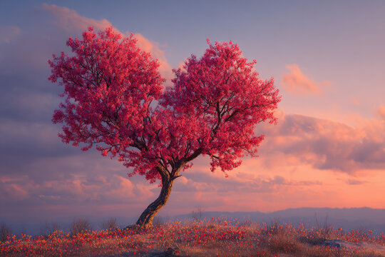 Tree of love in spring. Red heart shaped tree at sunset. Beautiful landscape with flowers.Love background with copy space.Valentine day card