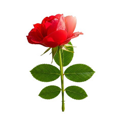 Red rose with green leaves isolated on a transparent background
