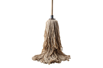 Traditional cotton string mop with wooden handle showing absorbent rope strands in natural beige color, isolated on a transparent background
