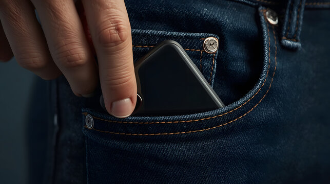A hand places a dark smartphone into the front pocket of blue denim jeans.
