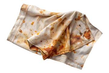 Worn stained kitchen towel or cloth with multiple brown spots and marks, isolated on a transparent background