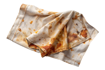 Worn stained kitchen towel or cloth with multiple brown spots and marks, isolated on a transparent background