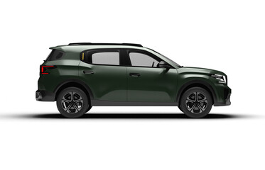 Realistic 3D render of a military green colored modern b-suv car, full right side view, transparent background.