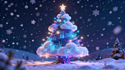 Modern Digital Christmas Tree Cloud Computing Network Data in Snowy Winter Holiday Technology Background