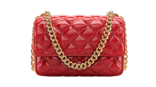 Red quilted chain bag with golden strap and elegant stitching detail isolated on white background fashionable women accessory
