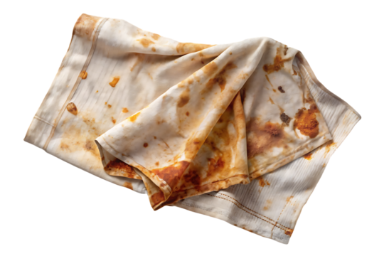 Worn stained kitchen towel or cloth with multiple brown spots and marks, isolated on a transparent background