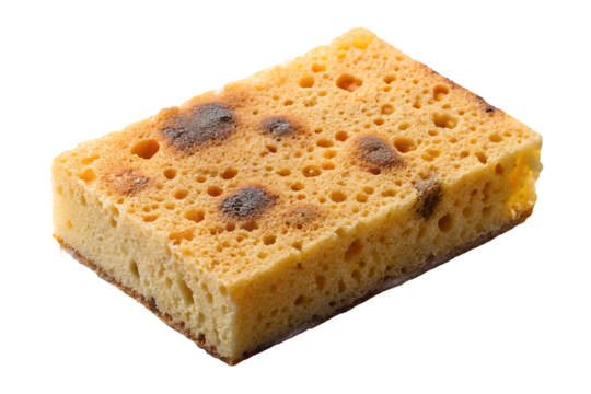 Used yellow sponge with holes and dark dirty spots from cleaning, isolated on a transparent background
