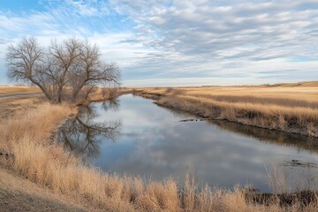 A clear sky with clouds reflecting in a calm river the horizon line slightly blurred creating a sense of movement