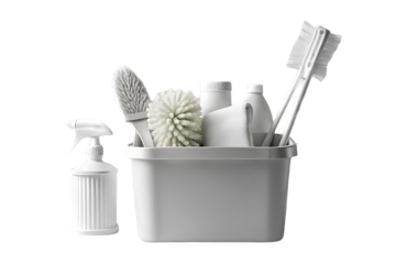 White cleaning caddy containing spray bottles, brushes, sponges, and cleaning tools arranged neatly for household use, isolated on a transparent background