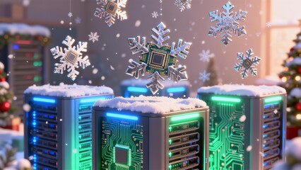 Digital Christmas Data Center Servers Covered In Snow With Glowing Circuit Boards And Microchip Snowflakes