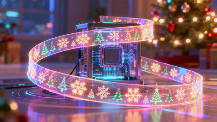 Modern Computer Processor With Glowing Holiday Ribbon Lights Digital Innovation And Christmas Technology