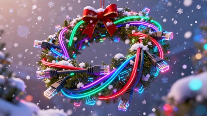 Festive Tech Christmas Wreath with Glowing Network Cables and RJ45 Connectors for Digital Connectivity
