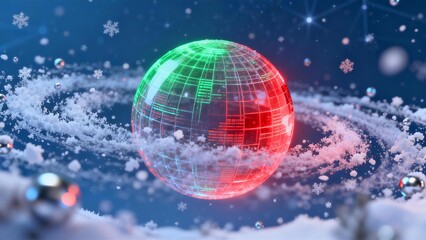 Glowing Digital Wireframe Globe Split Red Green in Snowy Winter Scene for Christmas Technology Marketing