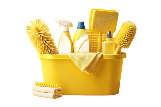 Yellow cleaning supplies including sponges, brushes, spray bottles, and cloth in bright yellow bucket, isolated on a transparent background - Powered by Adobe