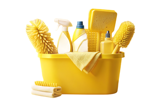 Yellow cleaning supplies including sponges, brushes, spray bottles, and cloth in bright yellow bucket, isolated on a transparent background