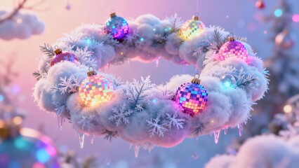 Fluffy Christmas Wreath Background with Glowing Disco Ball Ornaments Icy Snowflakes and Pastel Winter Sky