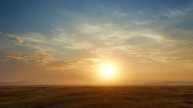 A sunrise paints the sky in vibrant hues of orange, pink, and gold, as the sun slowly rises above the horizon, bringing warmth and light to a new day.