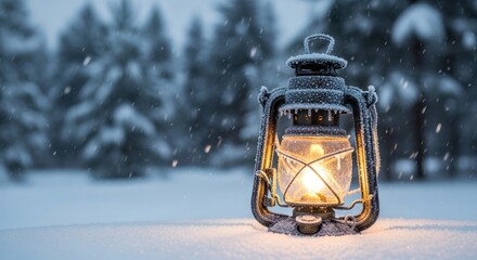 Antique lantern glows warmly in the snow during a winter storm at twilight time