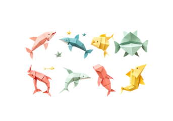 colorful origami marine animals, folded paper art, minimal shado