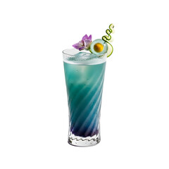 Sip elegance with this stunning blue cocktail, perfectly garnished with a delicate flower and cucumber spiral for an unforgettable experience.