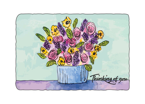 Watercolor painting of a floral arrangement with the phrase thinking of you. Thinking of you greeting card