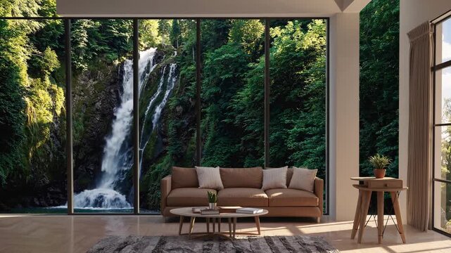Home view of a waterfall in the forest. Continuous looping time-lapse 4k video animation background