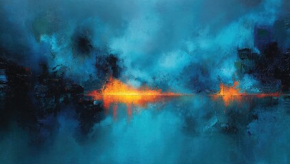 Abstract landscape with fiery sunset reflecting on still water. Soft blues and oranges dominate