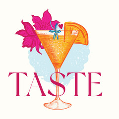 Apparel vector print with cocktail glass and flowers