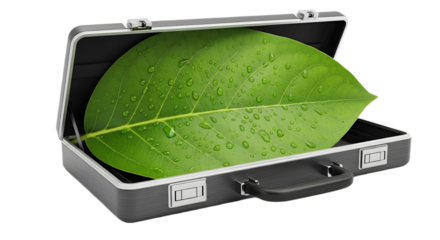 An open briefcase cradling a vibrant green leaf symbolizes sustainable business, eco-innovation, and integrating nature into corporate strategy.


