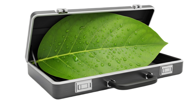 An open briefcase cradling a vibrant green leaf symbolizes sustainable business, eco-innovation, and integrating nature into corporate strategy.

