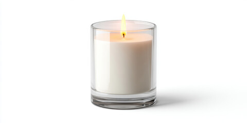 A simple white candle in a clear glass jar mockup, unlit. Pure white background, cozy. 3d illustration.