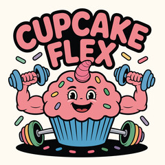 Funny cupcake character flexing muscles with dumbbells and weights
