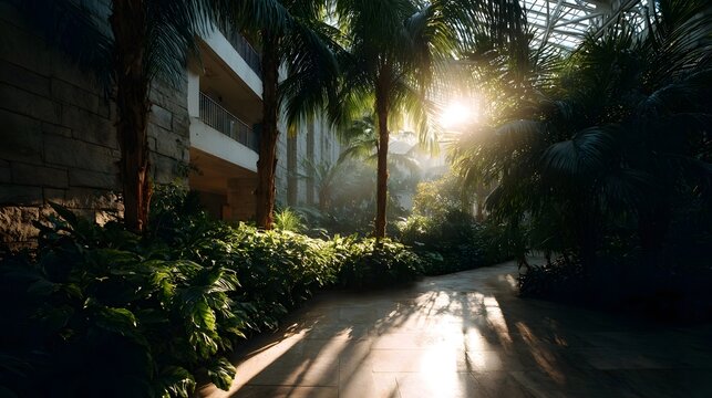Sunlit tropical atrium filled with lush indoor plants and palm trees casting shadows on a walkway - Powered by Adobe
