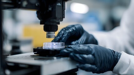 Close up of a scientist in a laboratory carefully handling a sample under a microscope