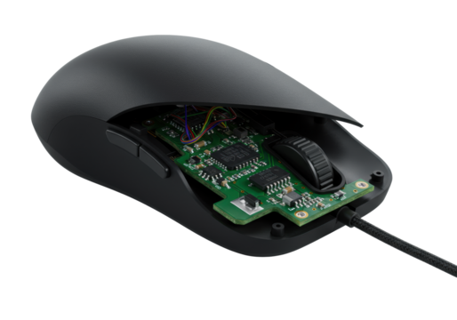 Extreme macro, black wired computer mouse, casing peeled back, intricate circuit board, multi-colored wiring, textured scroll wheel, isolated on transparent, concept of internal mechanics