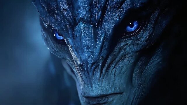 Alien Creature with blue Eyes Stares into Darkness.