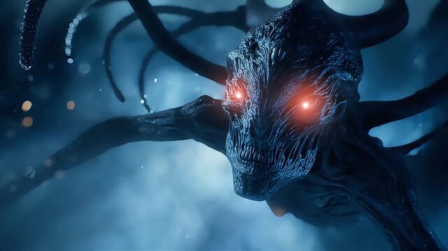 Alien Creature with Red Eyes Stares into Darkness.