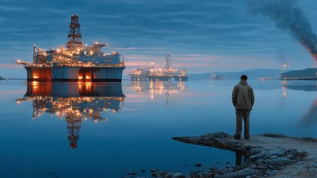 Industry's Witness: A solitary figure stands in contemplation as industry behemoths illuminate the night, reflecting upon the water and their place in the evolving landscape.