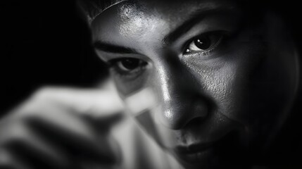 Intense monochrome portrait of a person with facial stripes wearing a cap focused and determined