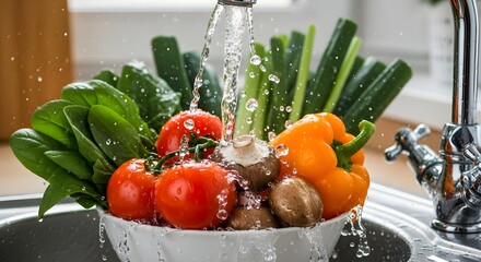 A vibrant array of garden-fresh vegetables, including ripe tomatoes and crisp greens, undergoing a refreshing wash under running water in a bright kitchen sink, emphasizing healthy eating preparation